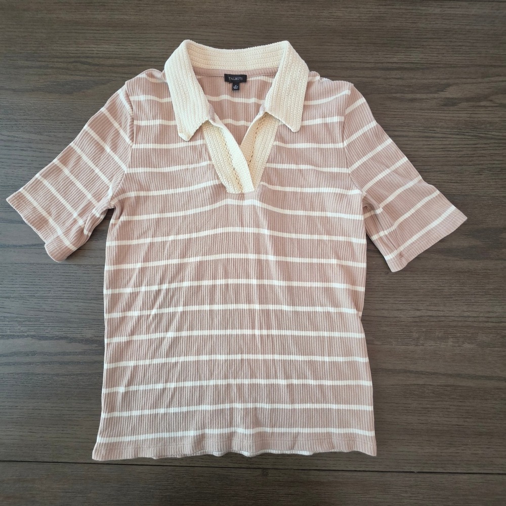 Talbots Tan White Striped Ribbed Polo Top Crochet Collar Medium